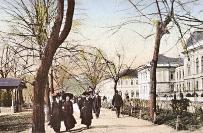 Walkers under the bare trees, District Court, Novi Sad, 1900s