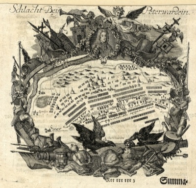The Battle of Petrovaradin framed by a portrait of Eugene of Savoy, Vezirac, 1716–1918