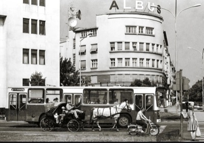 The Albus sign above the boulevard, The Merchant Youths' Home, Novi Sad, 1970s