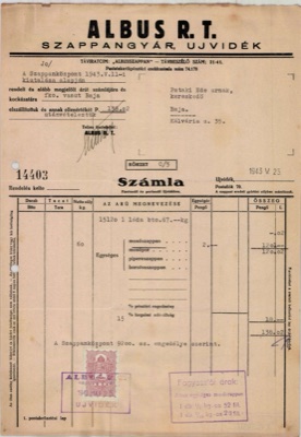 Albus soap factory invoice, Novi Sad, 25 May 1943, Ujvidek (telegraph address Albusszappan, telephone 21-41, P.O. Box 70; no street printed)