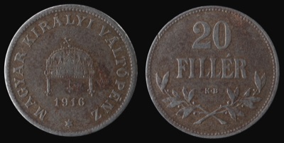 Twenty-fillér piece of the Kingdom of Hungary, 1916, Novi Sad