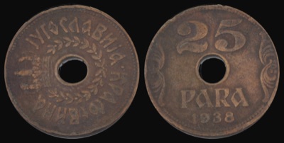 Twenty-five-para holed coin of Yugoslavia, 1938, Novi Sad