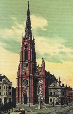 A coloured print of the church, Name of Mary Church, Novi Sad, 1900s