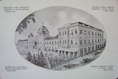 An oval vignette, captioned four ways, Iodine Spa, Novi Sad, 1937