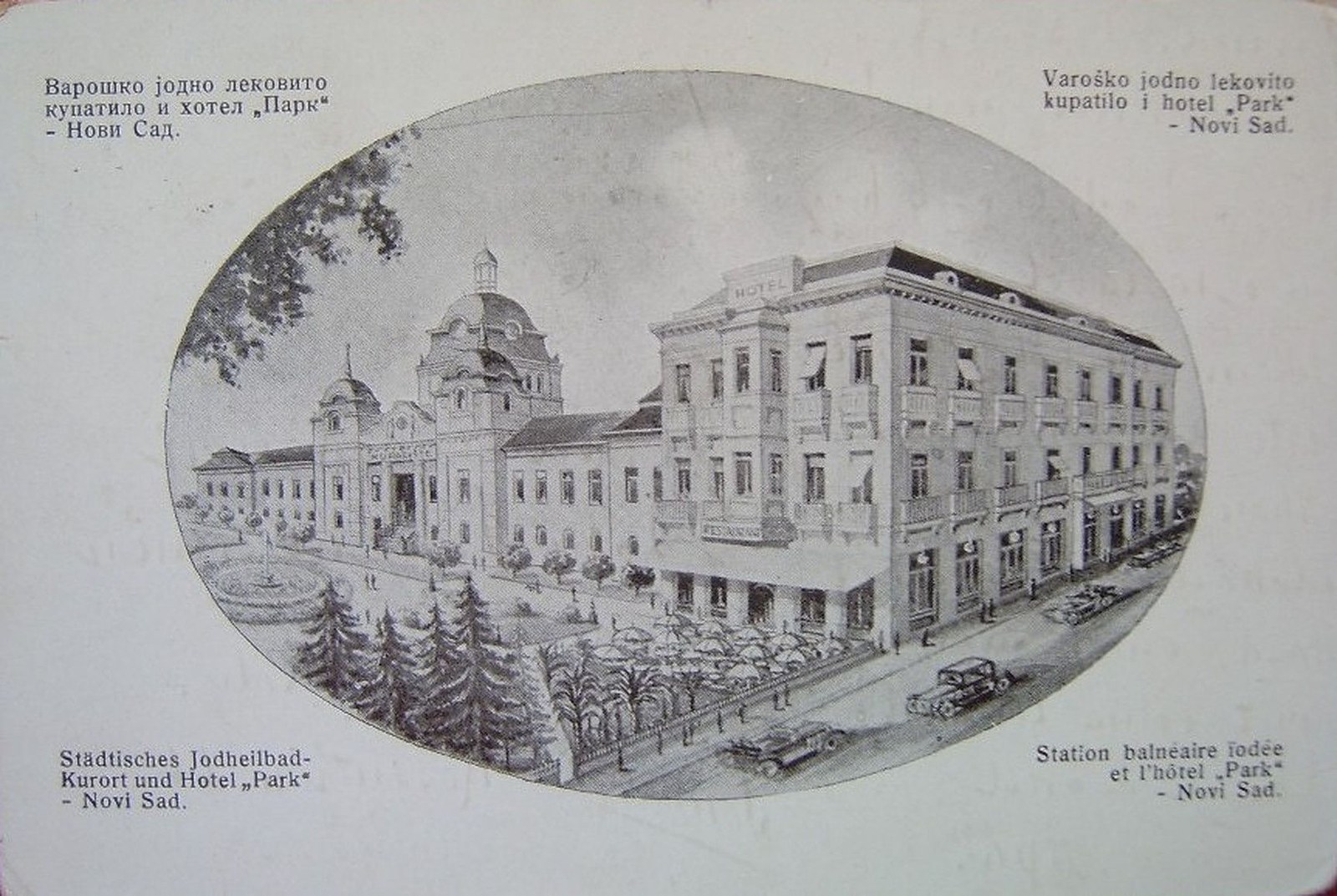 An oval vignette, captioned four ways, Iodine Spa, Novi Sad, 1937